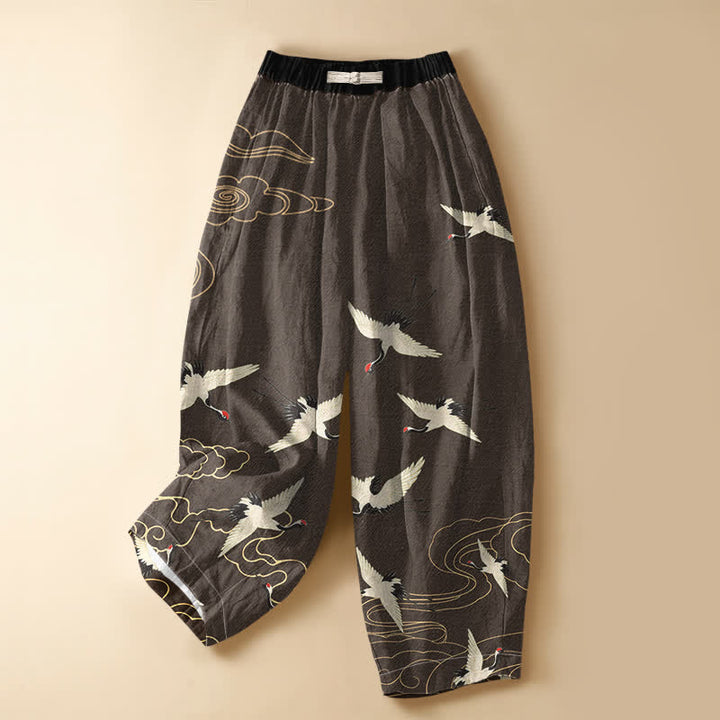 Buddha Stones Pantaloni harem da donna in puro cotone, eleganti, con motivo gru e nuvole, bottoni a rana e vita elasticizzata, con tasche. - Marrone sella - US16, UK/AU20, EU48 (3XL) - image 5