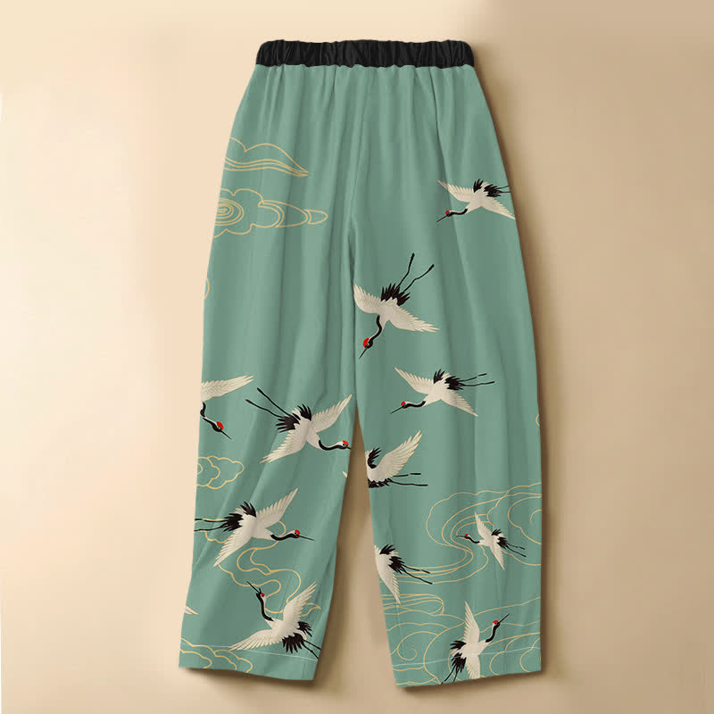 Buddha Stones Pantaloni harem da donna in puro cotone, eleganti, con motivo gru e nuvole, bottoni a rana e vita elasticizzata, con tasche. - image 8