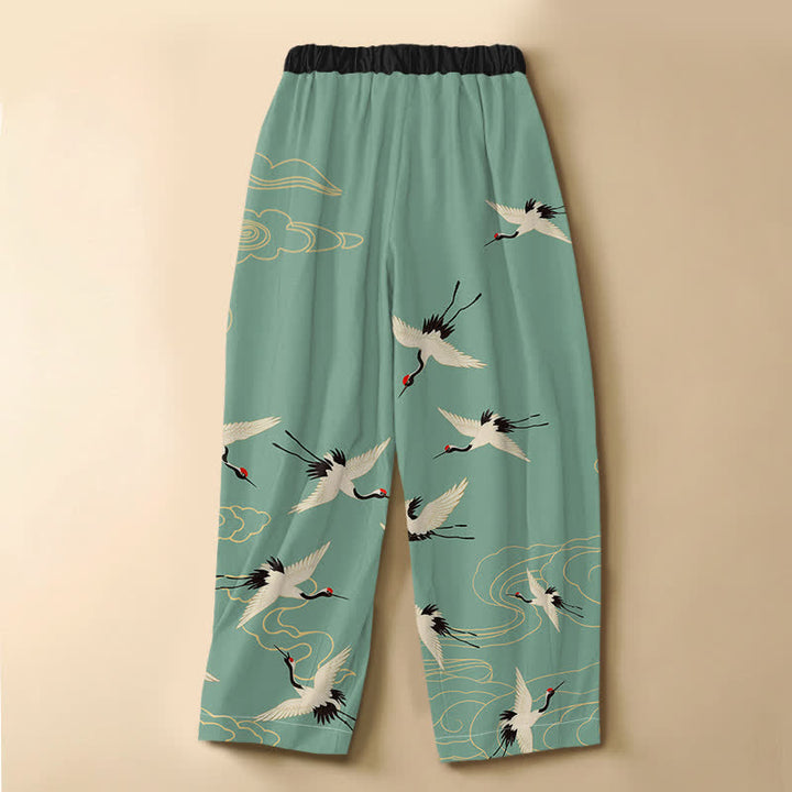 Buddha Stones Pantaloni harem da donna in puro cotone, eleganti, con motivo gru e nuvole, bottoni a rana e vita elasticizzata, con tasche. - image 8