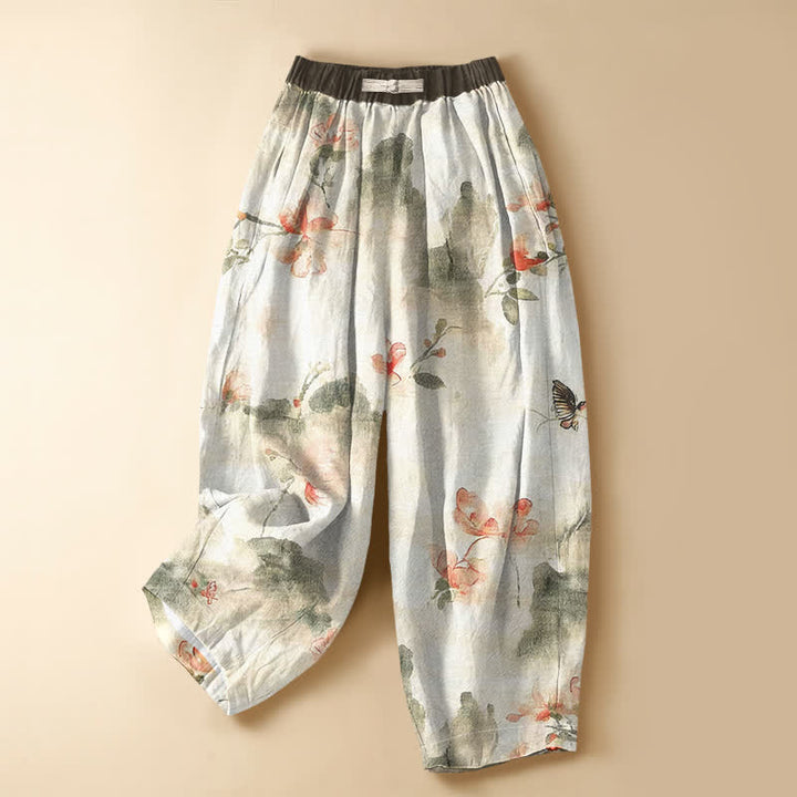 Buddha Stones Pantaloni harem da donna in puro cotone con motivo floreale ad acquerello, farfalle, bottoni a rana e vita elasticizzata, con tasche. - Avorio - US16, UK/AU20, EU48 (3XL) - image 0