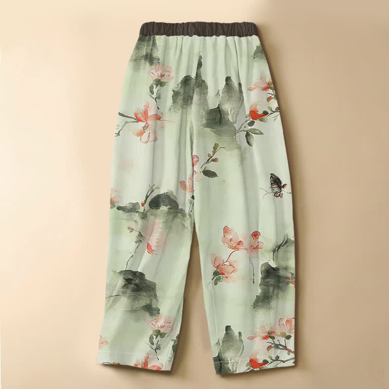 Buddha Stones Pantaloni harem da donna in puro cotone con motivo floreale ad acquerello, farfalle, bottoni a rana e vita elasticizzata, con tasche. - image 6