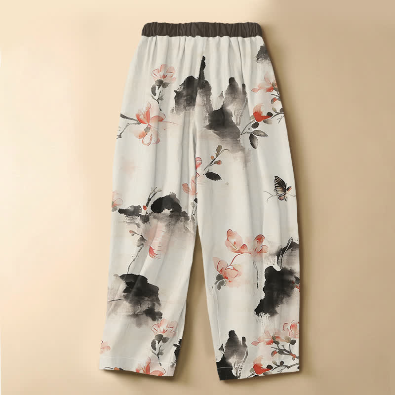 Buddha Stones Pantaloni harem da donna in puro cotone con motivo floreale ad acquerello, farfalle, bottoni a rana e vita elasticizzata, con tasche. - image 8