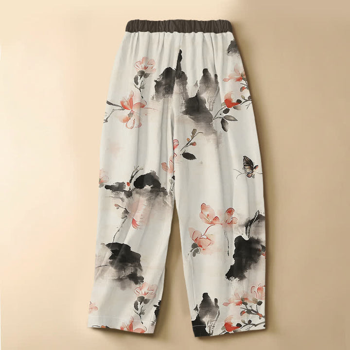 Buddha Stones Pantaloni harem da donna in puro cotone con motivo floreale ad acquerello, farfalle, bottoni a rana e vita elasticizzata, con tasche. - image 8