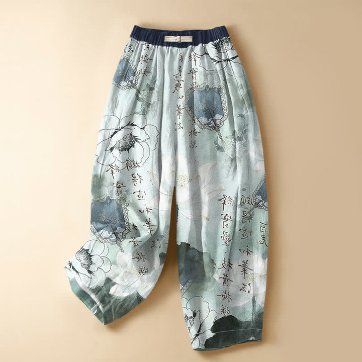 Buddha Stones Pantaloni harem da donna in puro cotone con stampa floreale orientale, lavaggio a inchiostro, bottoni a rana, vita elasticizzata e tasche. - Acquamarina - US16, UK/AU20, EU48 (3XL) - image 0