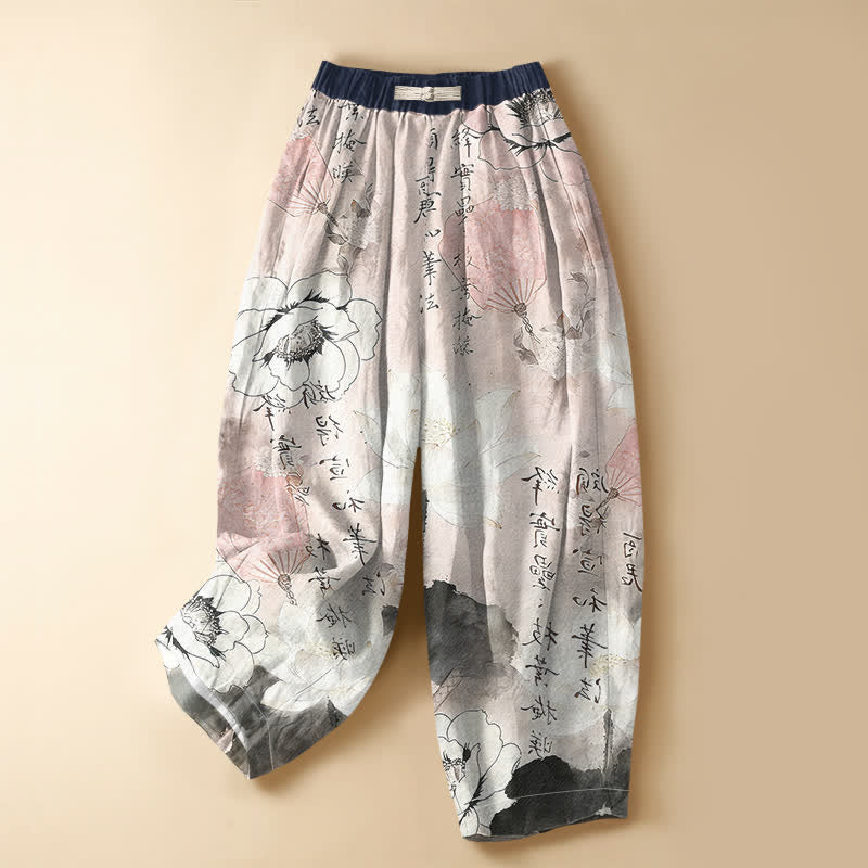 Buddha Stones Pantaloni harem da donna in puro cotone con stampa floreale orientale, lavaggio a inchiostro, bottoni a rana, vita elasticizzata e tasche. - Lavanda Rosa - US16, UK/AU20, EU48 (3XL) - image 5