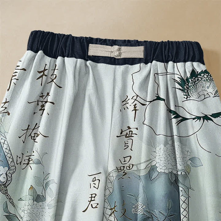 Buddha Stones Pantaloni harem da donna in puro cotone con stampa floreale orientale, lavaggio a inchiostro, bottoni a rana, vita elasticizzata e tasche. - image 2