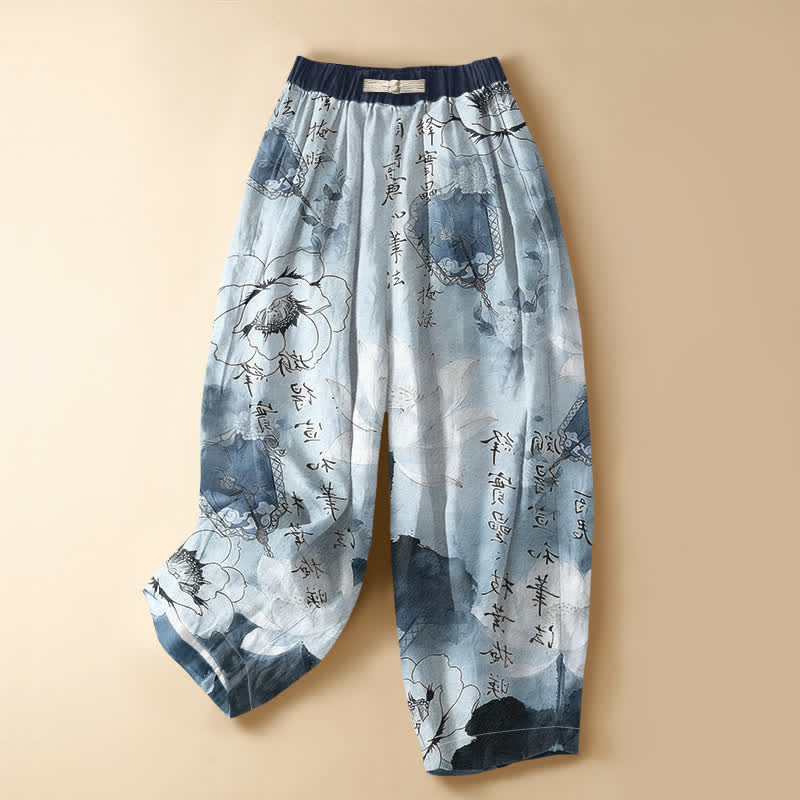 Buddha Stones Pantaloni harem da donna in puro cotone con stampa floreale orientale, lavaggio a inchiostro, bottoni a rana, vita elasticizzata e tasche. - Ciano chiaro - US16, UK/AU20, EU48 (3XL) - image 7