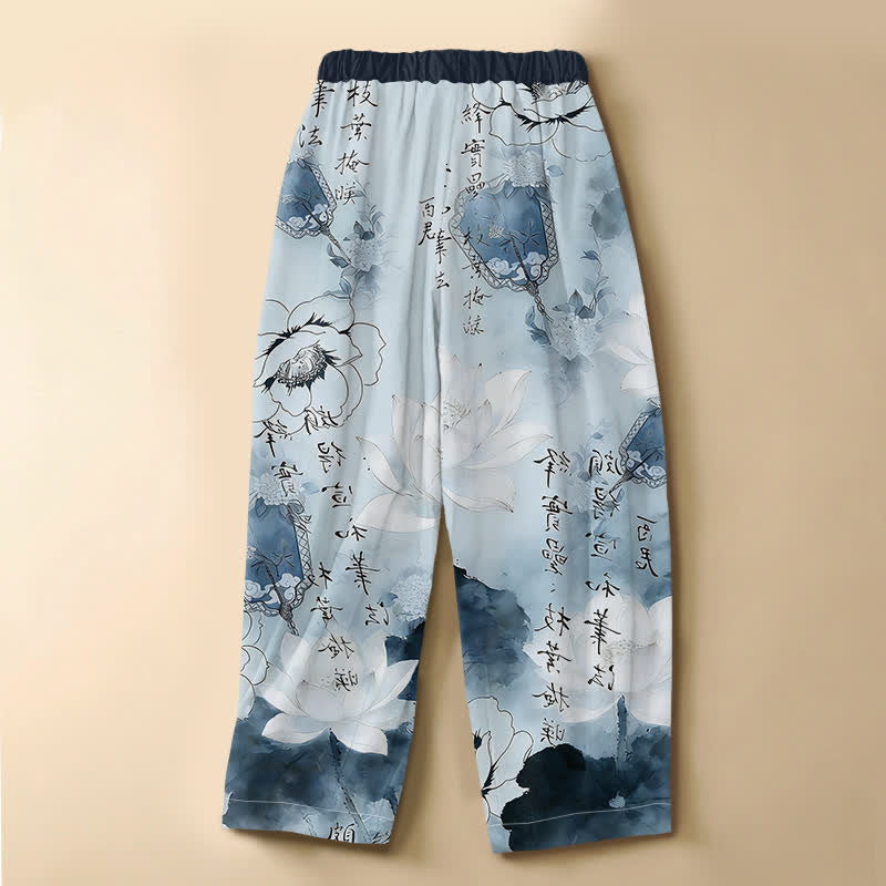 Buddha Stones Pantaloni harem da donna in puro cotone con stampa floreale orientale, lavaggio a inchiostro, bottoni a rana, vita elasticizzata e tasche. - image 8