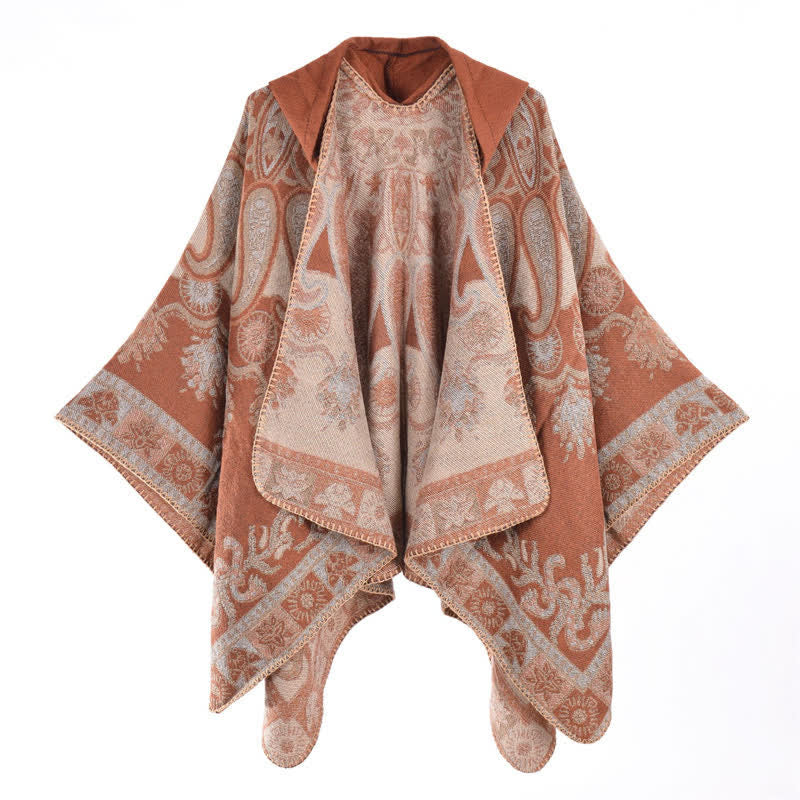 Buddha Stones Poncho/scialle stile boho con cappuccio, fantasia paisley geometrica, autunno/inverno. - image 26