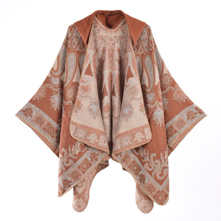 Buddha Stones Poncho/scialle stile boho con cappuccio, fantasia paisley geometrica, autunno/inverno. - image 26