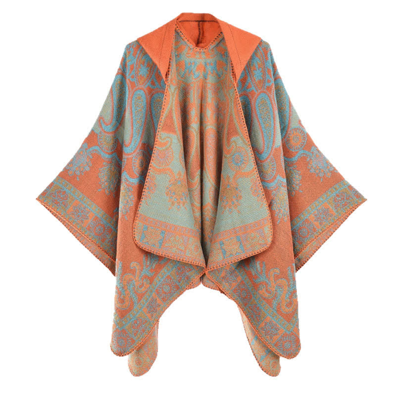 Buddha Stones Poncho/scialle stile boho con cappuccio, fantasia paisley geometrica, autunno/inverno. - image 3