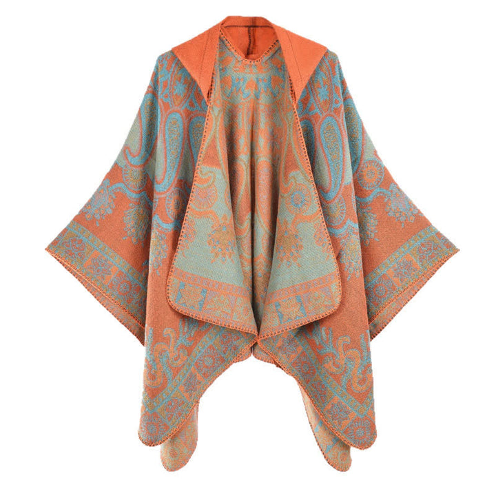 Buddha Stones Poncho/scialle stile boho con cappuccio, fantasia paisley geometrica, autunno/inverno. - image 3