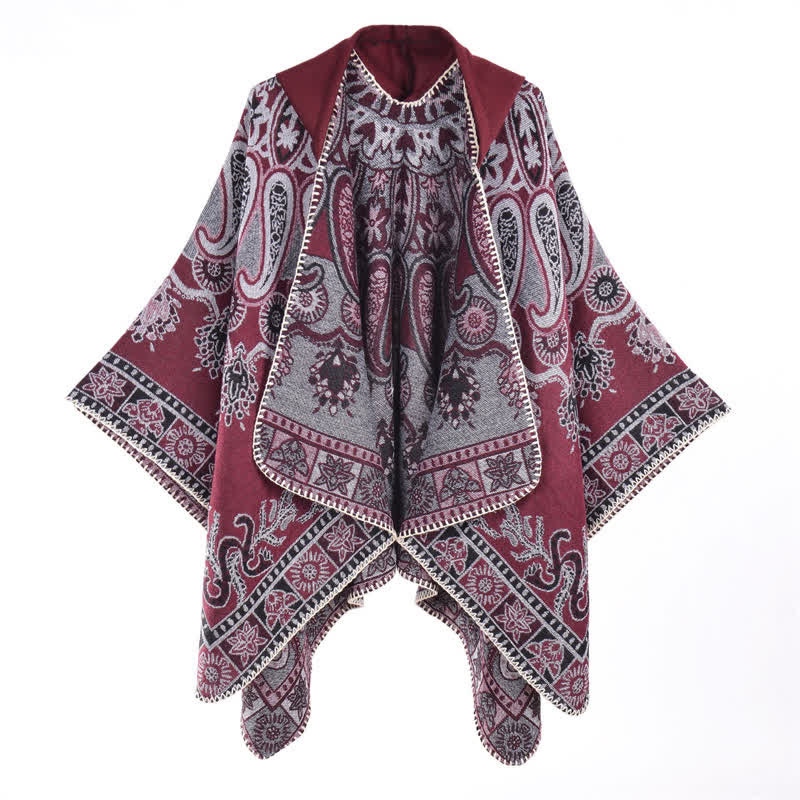 Buddha Stones Poncho/scialle stile boho con cappuccio, fantasia paisley geometrica, autunno/inverno. - image 21