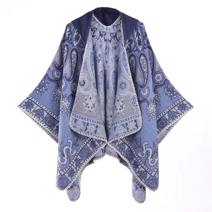 Buddha Stones Poncho/scialle stile boho con cappuccio, fantasia paisley geometrica, autunno/inverno. - image 10
