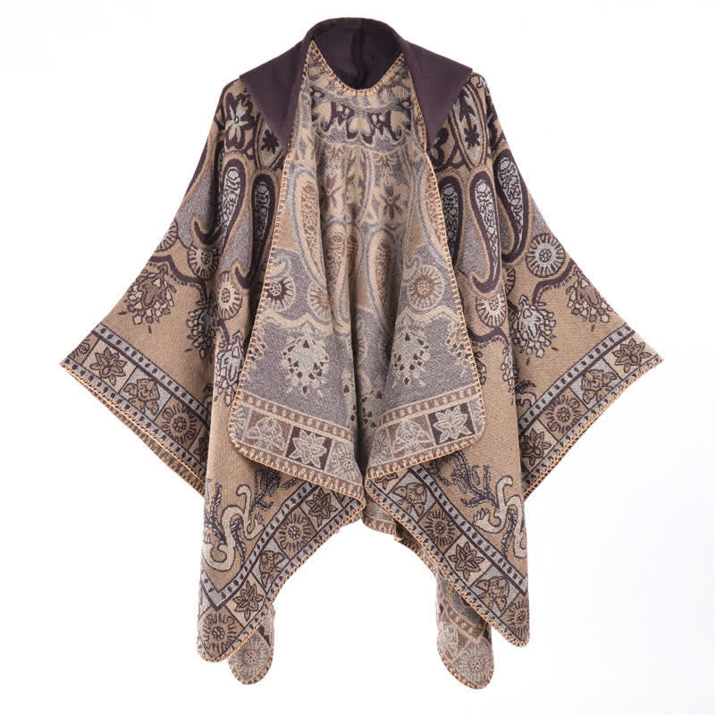 Buddha Stones Poncho/scialle stile boho con cappuccio, fantasia paisley geometrica, autunno/inverno. - image 32