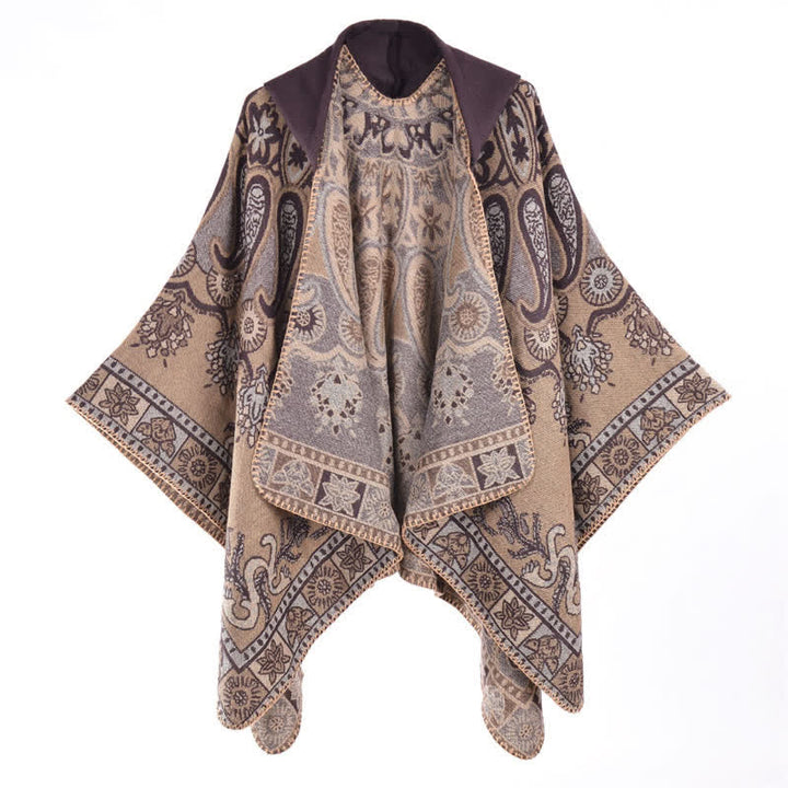 Buddha Stones Poncho/scialle stile boho con cappuccio, fantasia paisley geometrica, autunno/inverno. - image 32