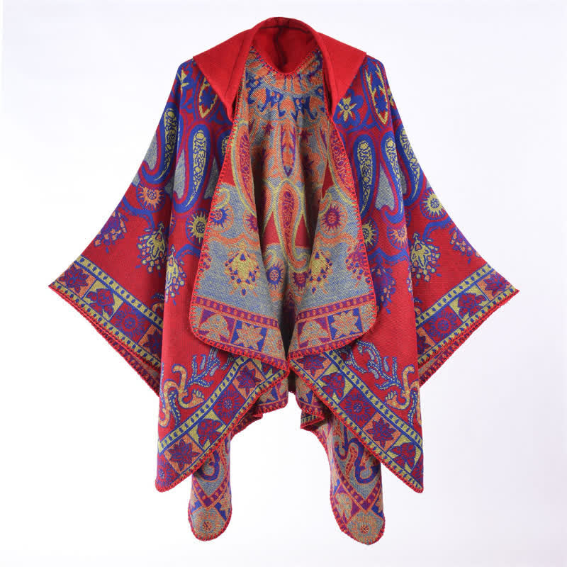 Buddha Stones Poncho/scialle stile boho con cappuccio, fantasia paisley geometrica, autunno/inverno. - image 15