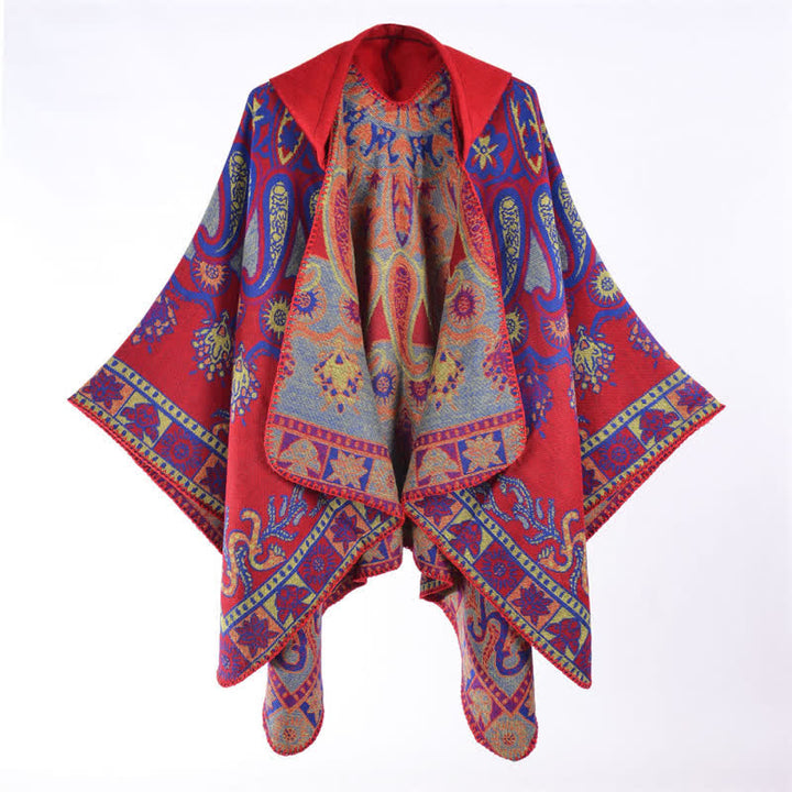 Buddha Stones Poncho/scialle stile boho con cappuccio, fantasia paisley geometrica, autunno/inverno. - image 15
