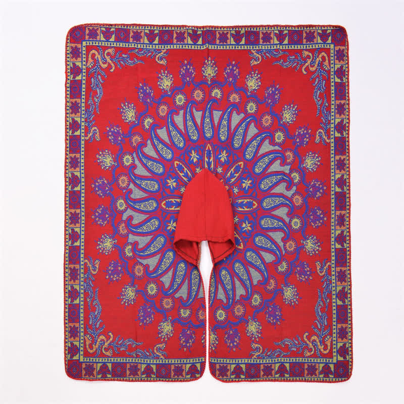 Buddha Stones Poncho/scialle stile boho con cappuccio, fantasia paisley geometrica, autunno/inverno. - image 16