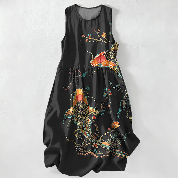 Buddha Stones Abito midi estivo casual da donna con motivo floreale a onde e pesci koi, senza maniche e con tasche. - Nero - US16, UK/AU20, EU48 (3XL) - image 0