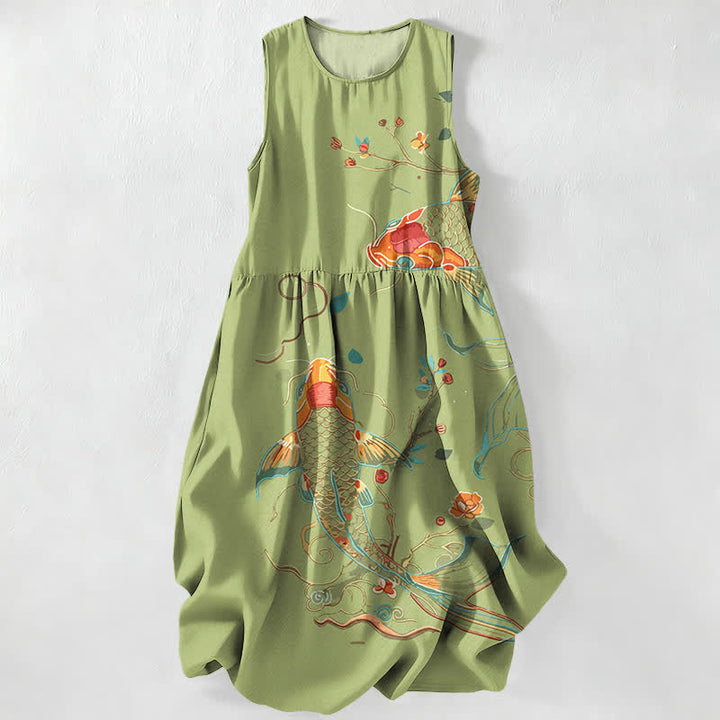 Buddha Stones Abito midi estivo casual da donna con motivo floreale a onde e pesci koi, senza maniche e con tasche. - Verde oliva - US16, UK/AU20, EU48 (3XL) - image 5