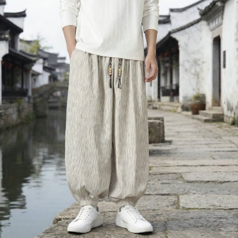 Buddha Stones Pantaloni harem da uomo a tinta unita, casual, vintage, con coulisse, per primavera e autunno, con tasche. - image 23
