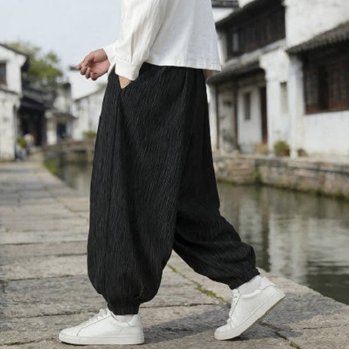 Buddha Stones Pantaloni harem da uomo a tinta unita, casual, vintage, con coulisse, per primavera e autunno, con tasche. - image 11