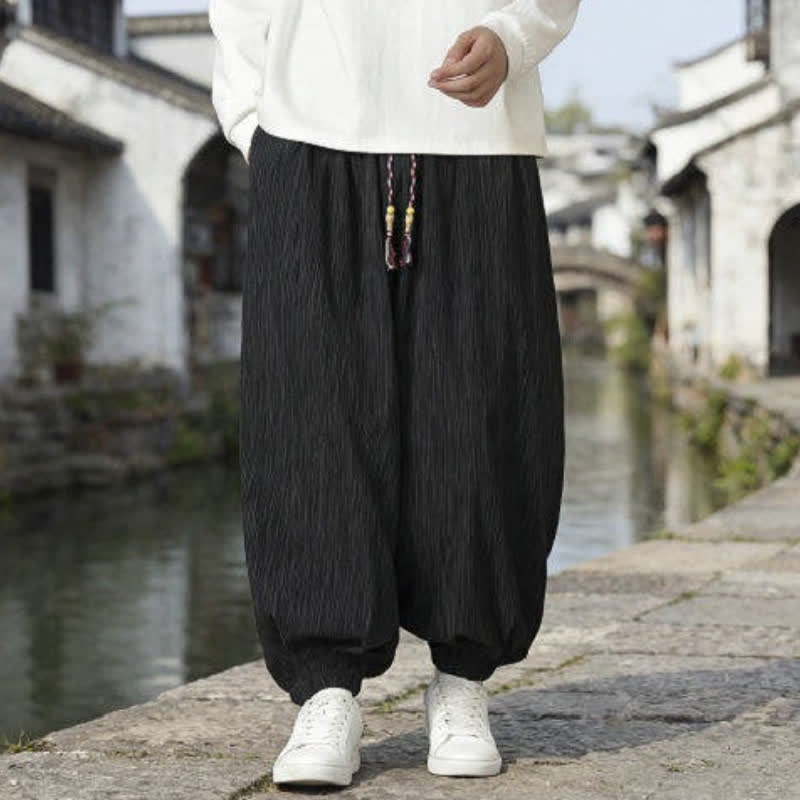 Buddha Stones Pantaloni harem da uomo a tinta unita, casual, vintage, con coulisse, per primavera e autunno, con tasche. - image 32