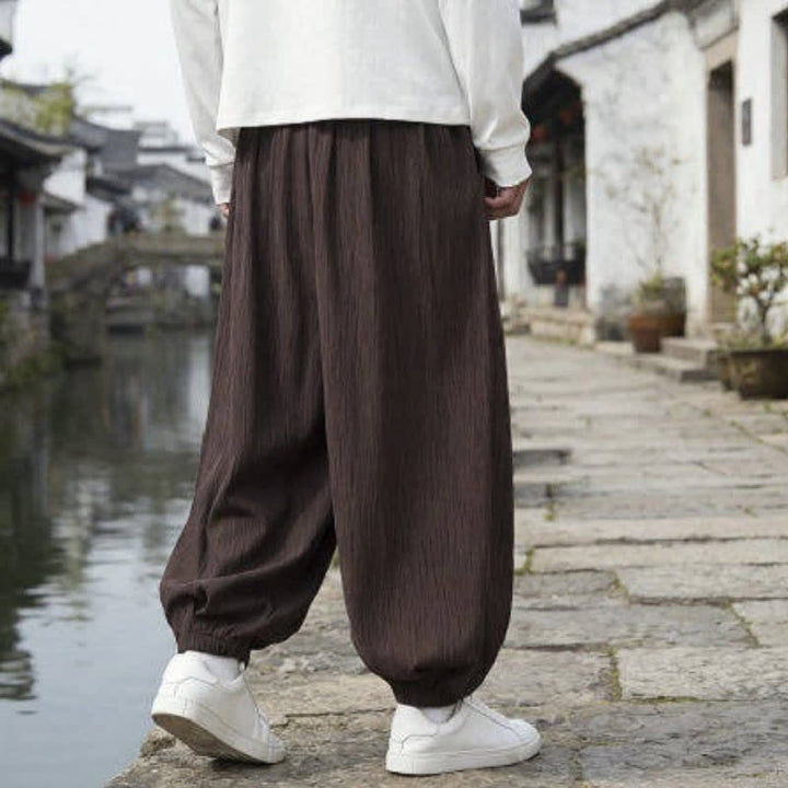 Buddha Stones Pantaloni harem da uomo a tinta unita, casual, vintage, con coulisse, per primavera e autunno, con tasche. - image 3