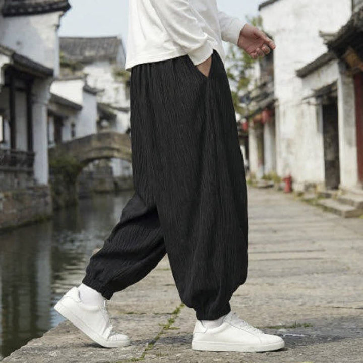Buddha Stones Pantaloni harem da uomo a tinta unita, casual, vintage, con coulisse, per primavera e autunno, con tasche. - image 9