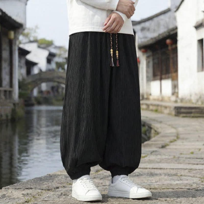Buddha Stones Pantaloni harem da uomo a tinta unita, casual, vintage, con coulisse, per primavera e autunno, con tasche. - image 8