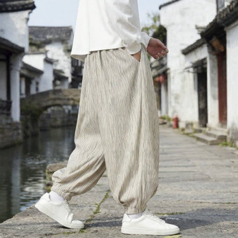 Buddha Stones Pantaloni harem da uomo a tinta unita, casual, vintage, con coulisse, per primavera e autunno, con tasche. - image 24