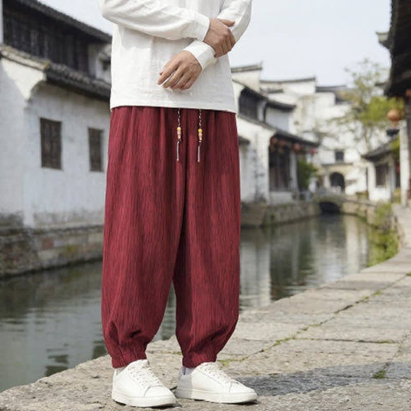 Buddha Stones Pantaloni harem da uomo a tinta unita, casual, vintage, con coulisse, per primavera e autunno, con tasche. - image 15