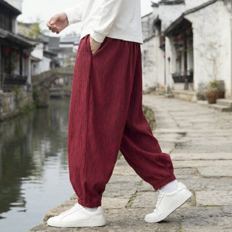 Buddha Stones Pantaloni harem da uomo a tinta unita, casual, vintage, con coulisse, per primavera e autunno, con tasche. - image 17