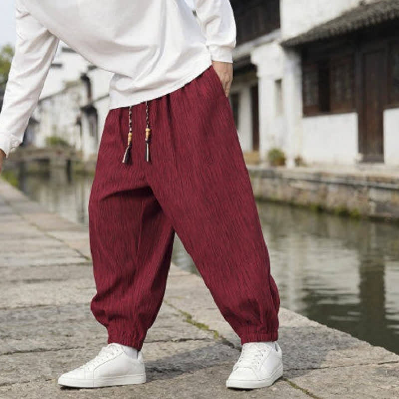 Buddha Stones Pantaloni harem da uomo a tinta unita, casual, vintage, con coulisse, per primavera e autunno, con tasche. - image 20