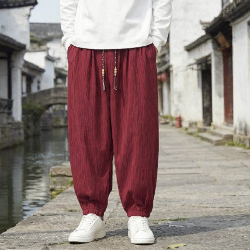 Buddha Stones Pantaloni harem da uomo a tinta unita, casual, vintage, con coulisse, per primavera e autunno, con tasche. - image 16