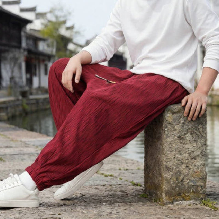 Buddha Stones Pantaloni harem da uomo a tinta unita, casual, vintage, con coulisse, per primavera e autunno, con tasche. - image 21