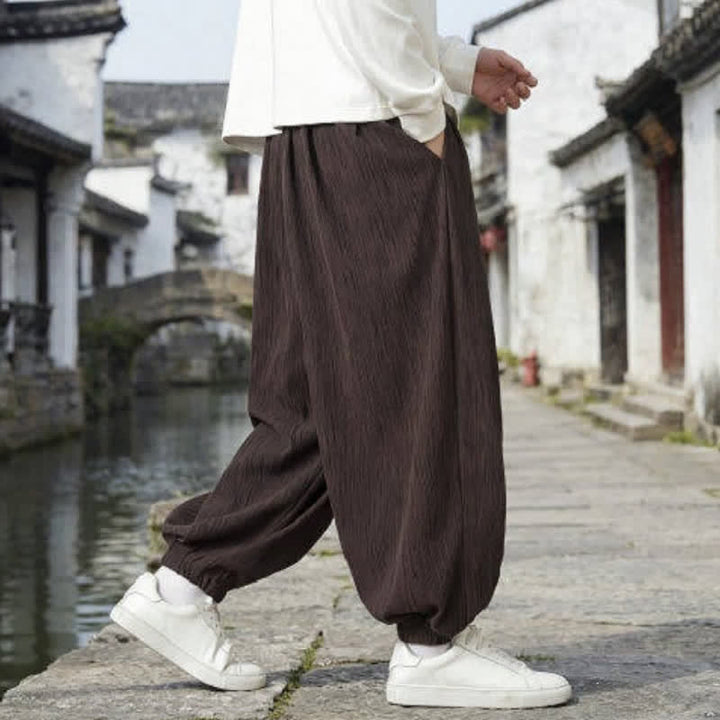 Buddha Stones Pantaloni harem da uomo a tinta unita, casual, vintage, con coulisse, per primavera e autunno, con tasche. - image 4