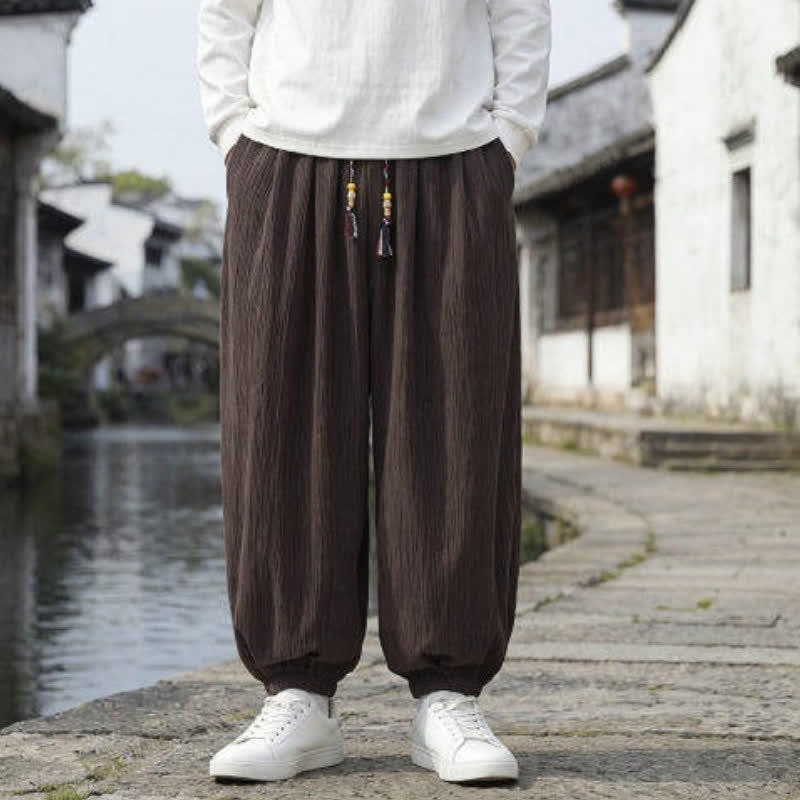 Buddha Stones Pantaloni harem da uomo a tinta unita, casual, vintage, con coulisse, per primavera e autunno, con tasche. - image 2