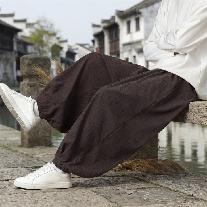 Buddha Stones Pantaloni harem da uomo a tinta unita, casual, vintage, con coulisse, per primavera e autunno, con tasche. - image 6