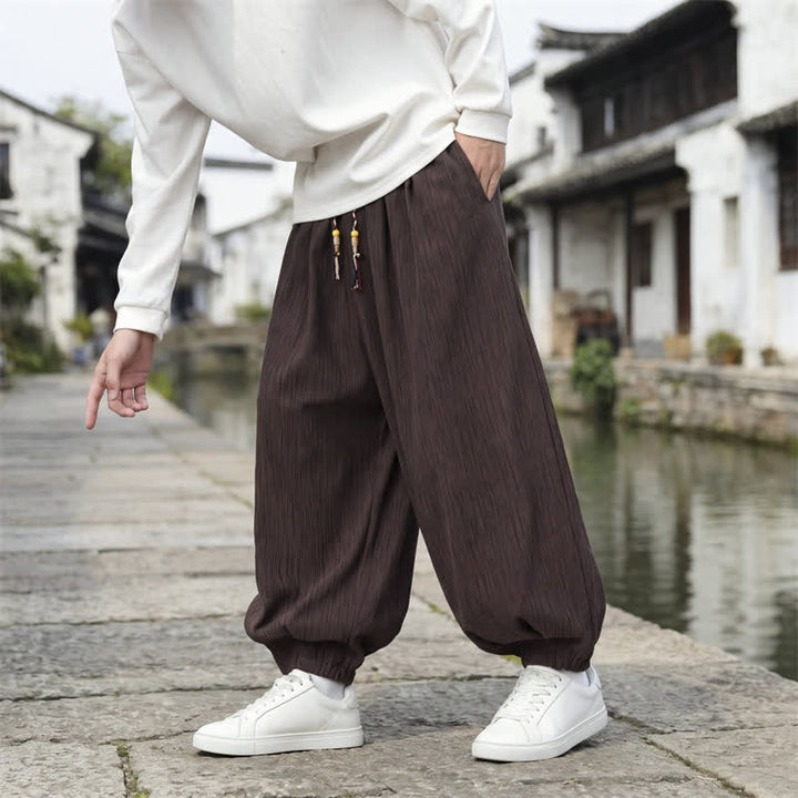 Buddha Stones Pantaloni harem da uomo a tinta unita, casual, vintage, con coulisse, per primavera e autunno, con tasche. - image 5