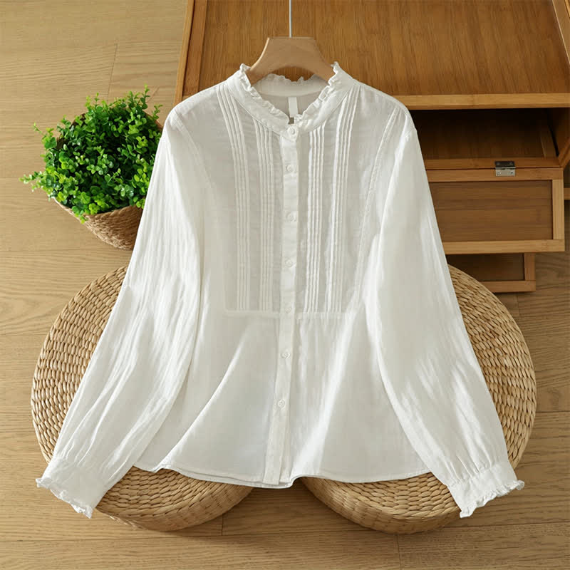 Buddha Stones Camicie da donna a maniche lunghe in cotone tinta unita, eleganti, con bottoni e pieghe, stile vintage autunnale. - Bianco - US12, UK/AU16, EU44 (2XL) - image 8