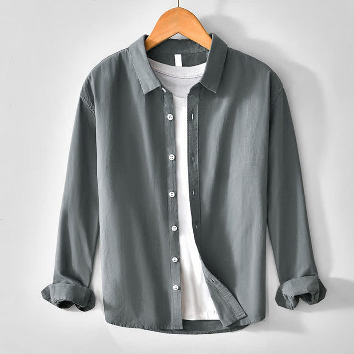Buddha Stones Camicia da uomo a maniche lunghe in cotone tinta unita, stile primaverile, casual e minimalista, con bottoni. - Grigio tenue - US/UK/AU44, EU54 (4XL) - image 0