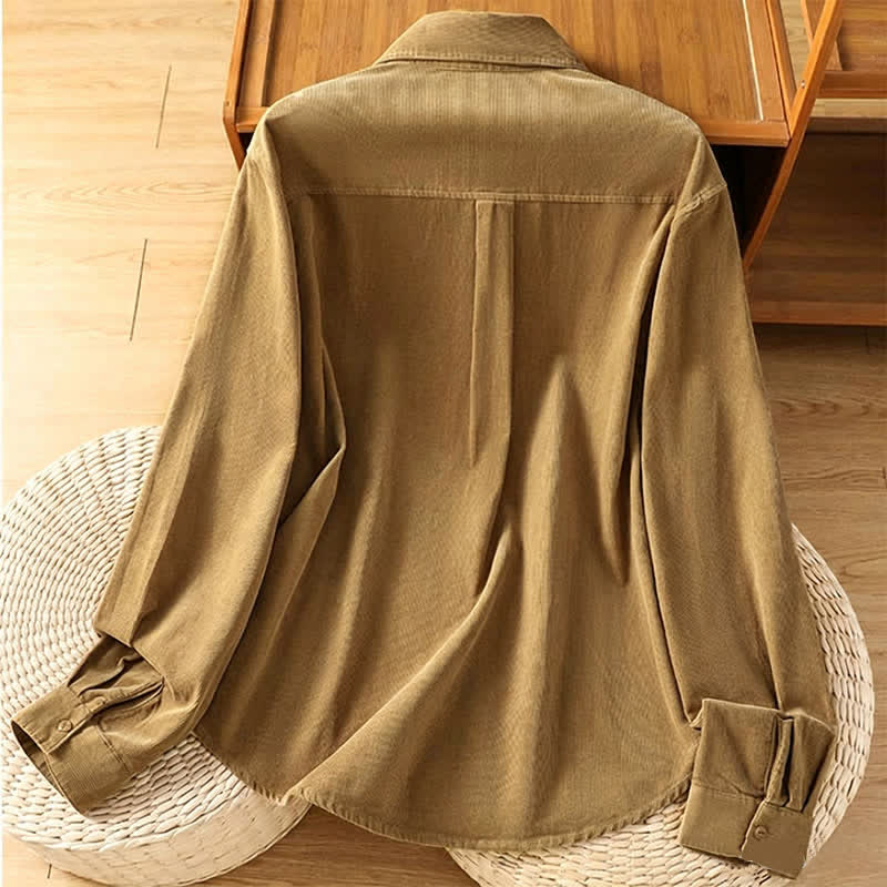 Buddha Stones Camicia da donna a maniche lunghe in velluto a coste tinta unita, stile vintage, con bottoni e tasca, per autunno/inverno. - image 1