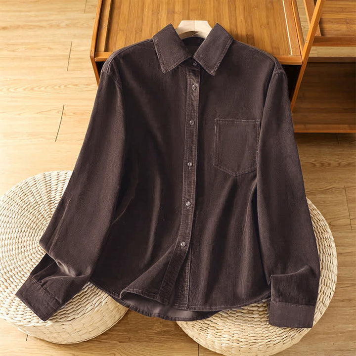 Buddha Stones Camicia da donna a maniche lunghe in velluto a coste tinta unita, stile vintage, con bottoni e tasca, per autunno/inverno. - Marrone sella - US8-10, UK/AU12-14, EU40-42 (2XL) - image 9