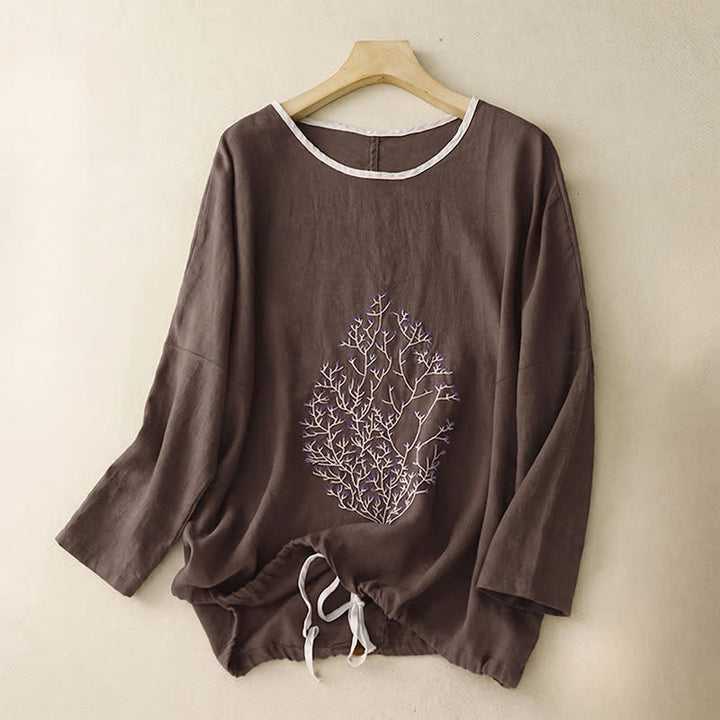 Buddha Stones Maglietta a maniche lunghe da donna in cotone e lino con scollo rotondo, ricamo ad albero, design casual primavera/autunno e coulisse. - Marrone sella - US14, UK/AU18, EU46 (2XL) - image 11