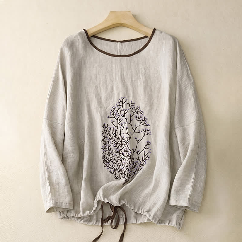 Buddha Stones Maglietta a maniche lunghe da donna in cotone e lino con scollo rotondo, ricamo ad albero, design casual primavera/autunno e coulisse. - image 1