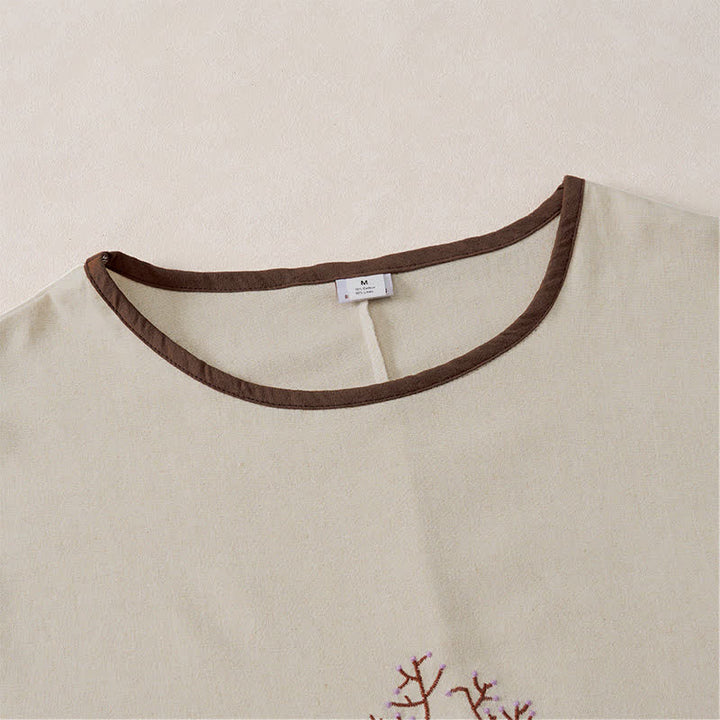 Buddha Stones Maglietta a maniche lunghe da donna in cotone e lino con scollo rotondo, ricamo ad albero, design casual primavera/autunno e coulisse. - image 2