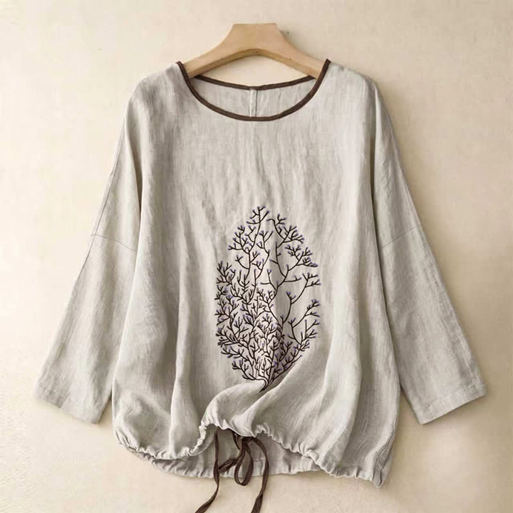 Buddha Stones Maglietta a maniche lunghe da donna in cotone e lino con scollo rotondo, ricamo ad albero, design casual primavera/autunno e coulisse. - Grigio chiaro - US14, UK/AU18, EU46 (2XL) - image 0