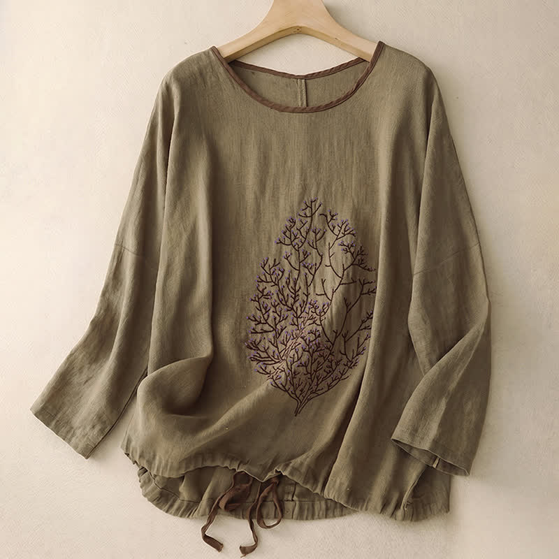 Buddha Stones Maglietta a maniche lunghe da donna in cotone e lino con scollo rotondo, ricamo ad albero, design casual primavera/autunno e coulisse. - Oliva - US14, UK/AU18, EU46 (2XL) - image 12